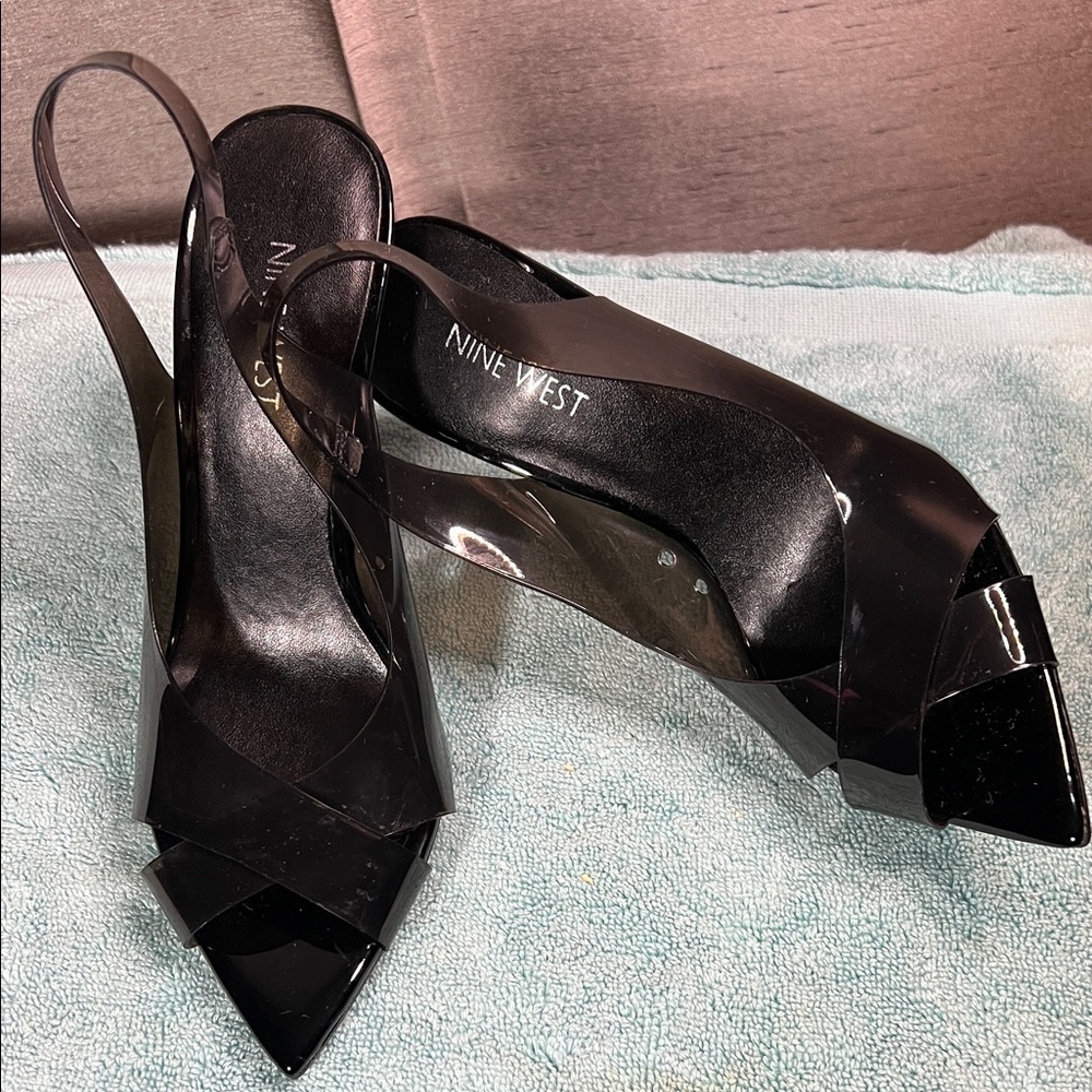 Nine West Flawles Slingbacks heels transparent black upper& faux patent leather